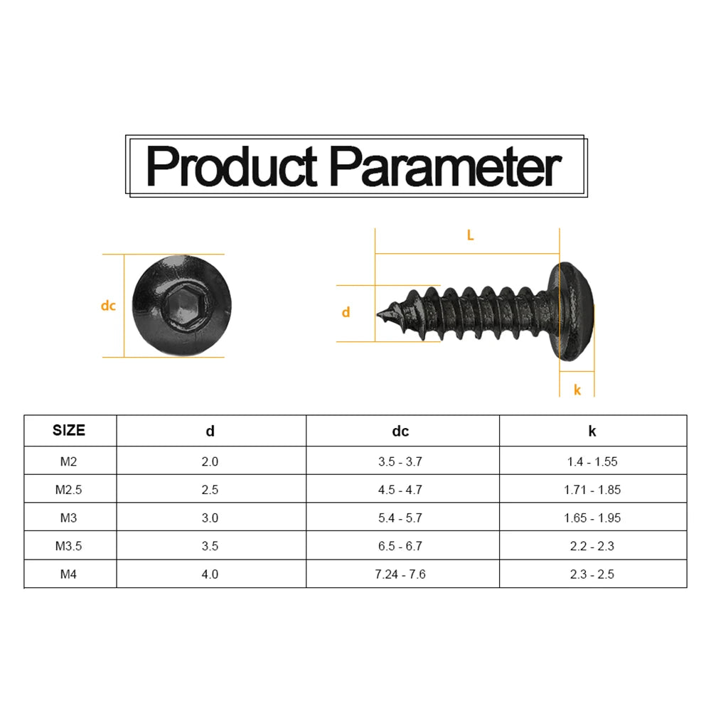 10-50pcs Hex Socket Button Head Self Tapping Screw M2 M2.5 M3 M3.5 M4 M5 M6 Carbon Steel Hex Socket Round Head Wood Screws