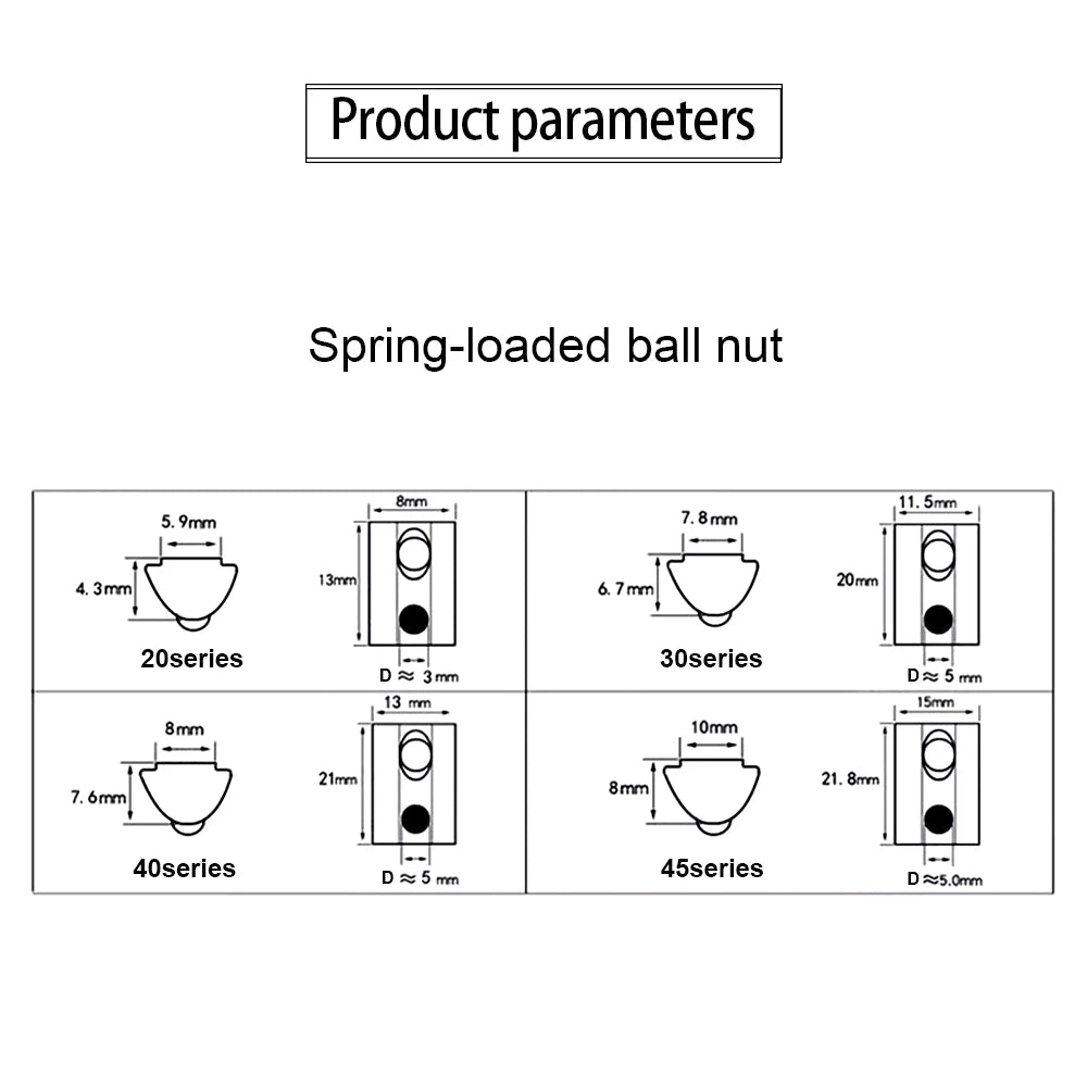 5-10pcs T Block Sliding Nut M3 M5 M6 M8 Zinc/Nickel Plated Roll in Spring T-nut with Ball for 20 30 40 45 Aluminum Profile Slot
