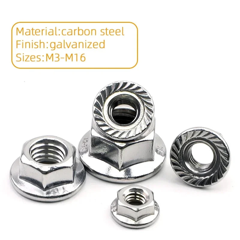 JUIDINTO 1-50pcs Hex Flange Nut M3 M4 M5 M6 M8 M10 M12 Stainless Steel/Carbon Steel Serrated Flange Lock Nut for Automobiles