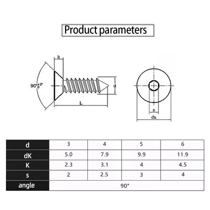 JUIDINTO 10-50pcs Black Hex Hexagon Socket Flat Head Self Tapping Screw 8.8Grade m2 m4 m5 m6 Allen Head Countersunk Wood Screw