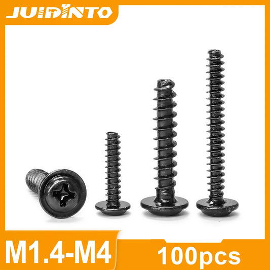 JUIDINTO 100pcs Phillips Round Head With Washer Self-tapping Screws M1.4 M1.7 M2 M2.3 M2.6 M3 M4 Carbon Steel Cross PWB Screw