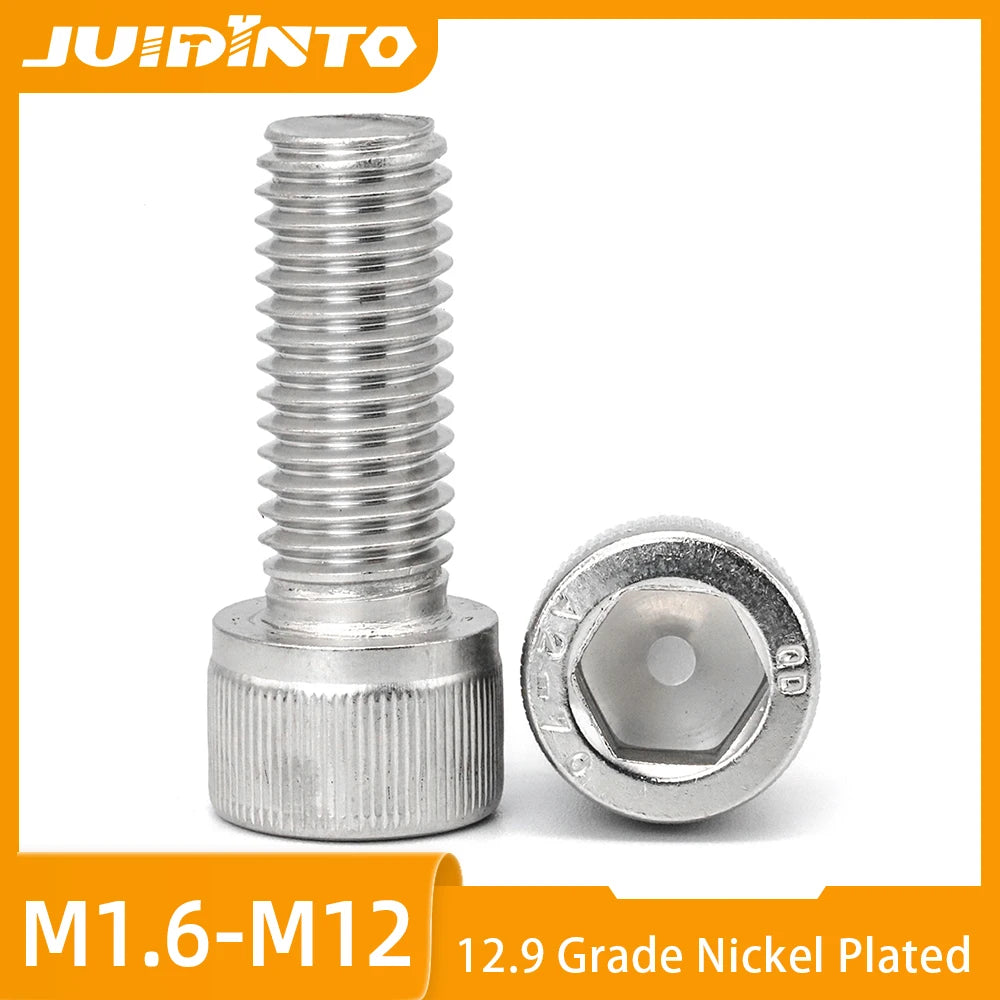 JUIDINTO 2-50PCS 12.9 Grade Nickel Plated Knurled Hex Socket Head Cap Screw M1.6 M2 M2.5 M3 M4 M5-M12 Allen Machine Screw Bolt