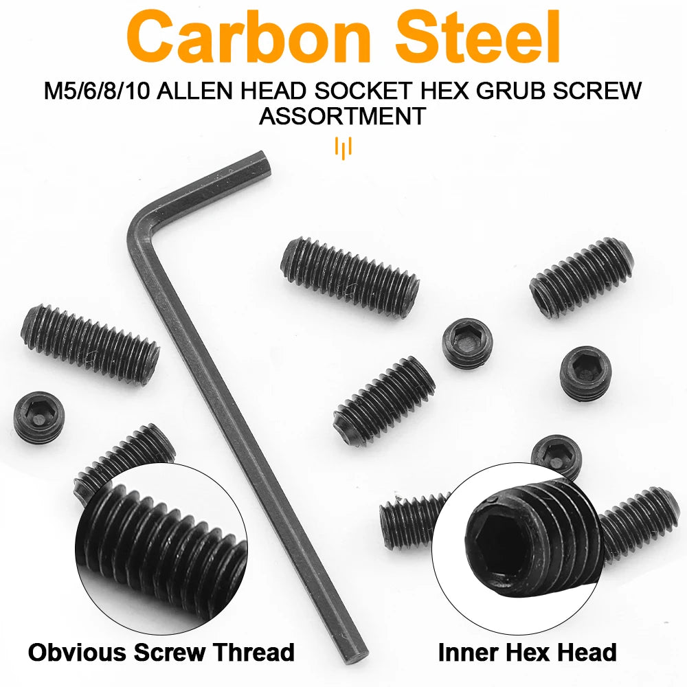 407pcs/set Hexagon Socket Cup Point Set Screw Assortment Kit 12.9 Carbon Steel M5 M6 M8 M10 Allen Headless Grub Screw Kit