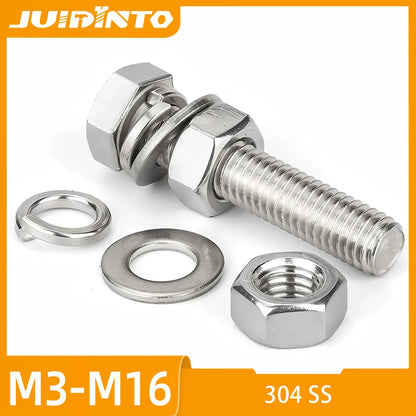 1-5sets Hex Bolt Nuts Set and Flat & Spring Lock Washer 304 Stainless Steel M3 M4 M5 M6 M8 Hexagon Head Combination Screws