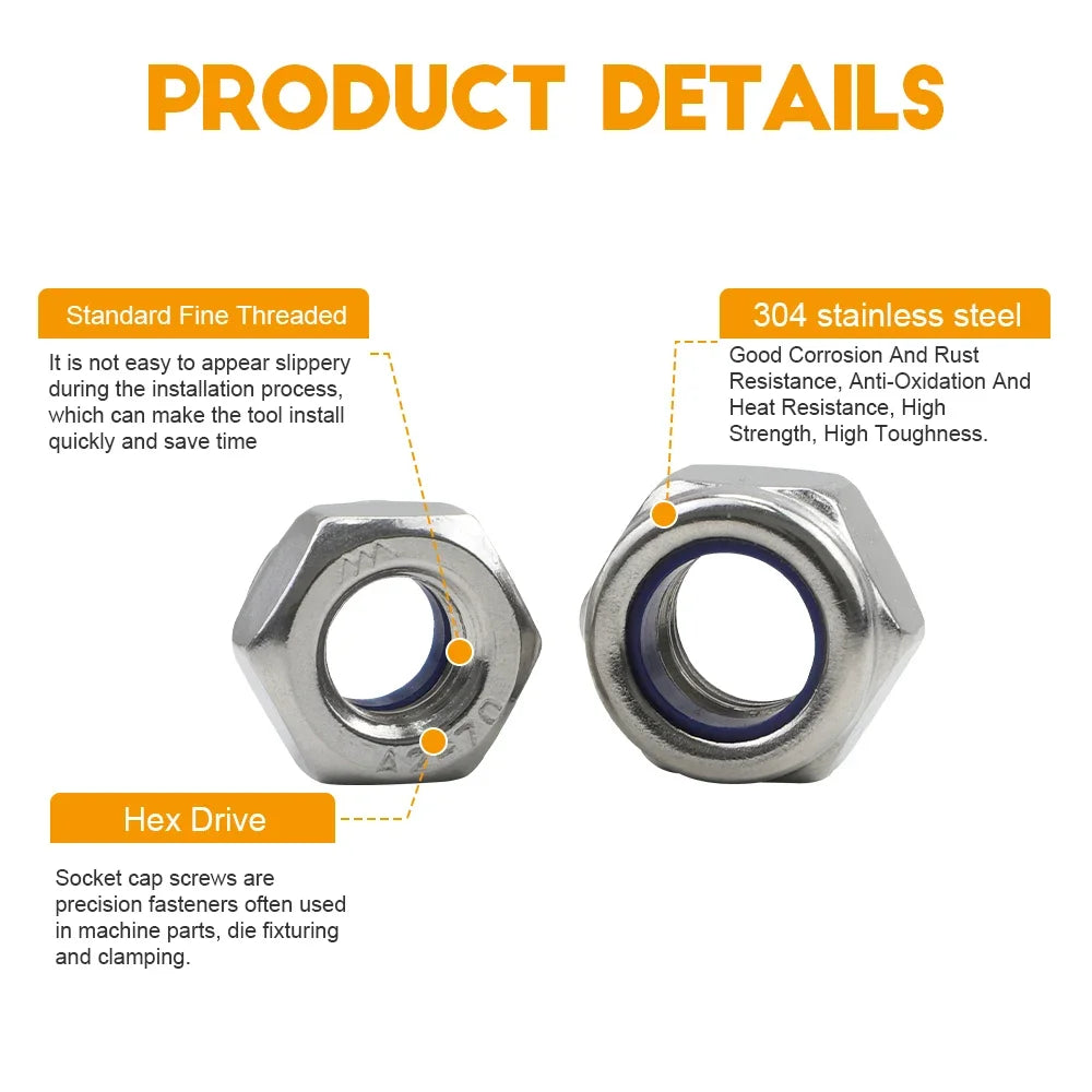 JUIDINTO Fine Thread Pitch Hex Nylon Insert Locknut M6 M8 M10 M12 M14 M16 M18 M20 Stainless Steel Fine Thread Hexagon Lock Nut