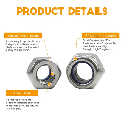 JUIDINTO Fine Thread Pitch Hex Nylon Insert Locknut M6 M8 M10 M12 M14 M16 M18 M20 Stainless Steel Fine Thread Hexagon Lock Nut