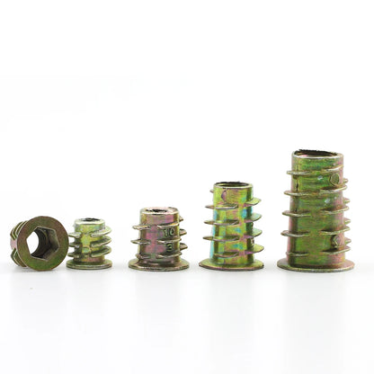 JUIDINTO 10/20/30pcs Thread Insert Nut for Wood Yellow Zinc M4 M5 M6 M8 M10 Flanged Hex Drive Head Furniture Nuts Connector
