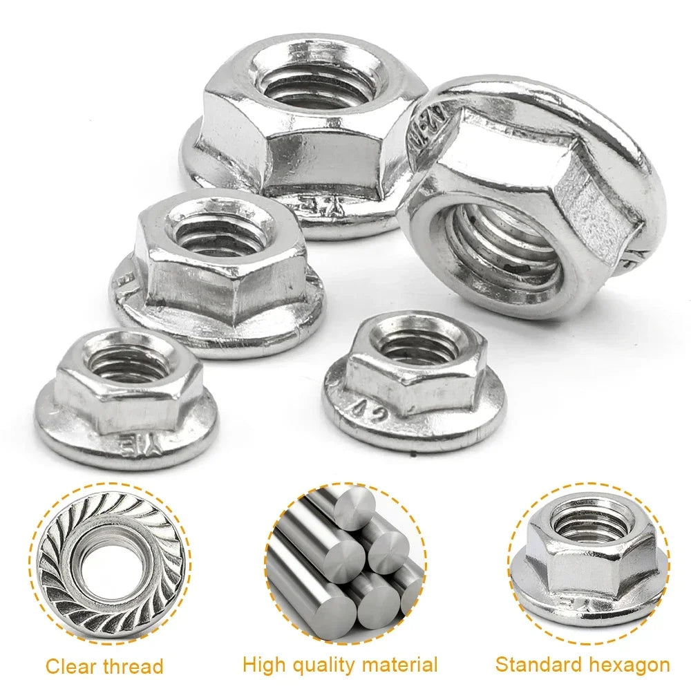 JUIDINTO 2-20pcs Fine Pitch Hex Hexagonal Flange Nuts M6 M8 M10 M12 M14 Stainless Steel Metric Serrated Flange Hex Lock Nuts