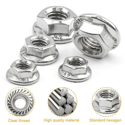 JUIDINTO 2-20pcs Fine Pitch Hex Hexagonal Flange Nuts M6 M8 M10 M12 M14 Stainless Steel Metric Serrated Flange Hex Lock Nuts