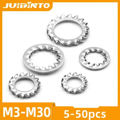JUIDINTO 5-50pcs Internal External Teeth Lock Washers Stainless Steel M3-M30 Metal Serrated Lock Washer