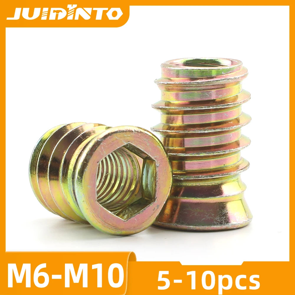 JUIDINTO 5-10pcs Wood Threaded Insert Nut M6-M10 Zinc Plated Hex Socket Drive Head Furniture Nuts Carbon Steel