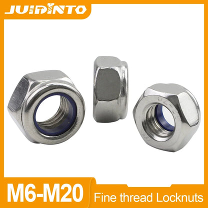 JUIDINTO Fine Thread Pitch Hex Nylon Insert Locknut M6 M8 M10 M12 M14 M16 M18 M20 Stainless Steel Fine Thread Hexagon Lock Nut