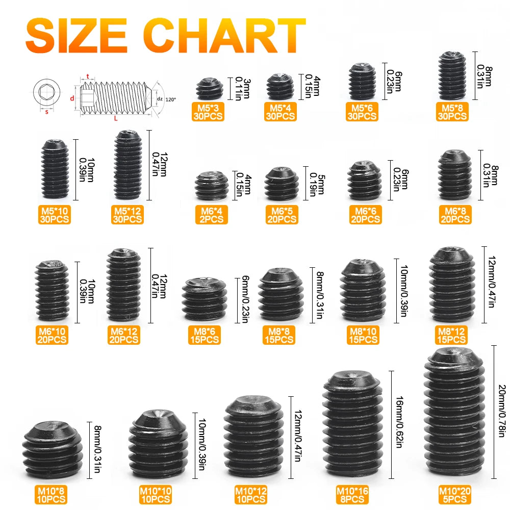 407pcs/set Hexagon Socket Cup Point Set Screw Assortment Kit 12.9 Carbon Steel M5 M6 M8 M10 Allen Headless Grub Screw Kit