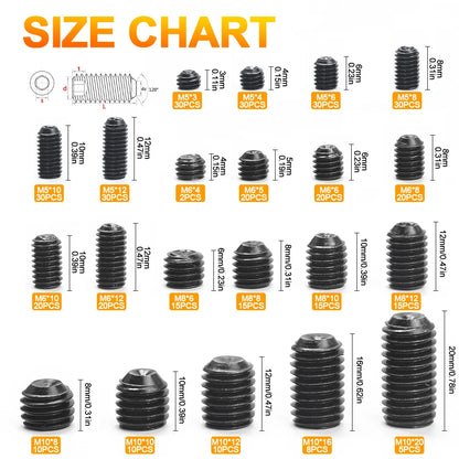 407pcs/set Hexagon Socket Cup Point Set Screw Assortment Kit 12.9 Carbon Steel M5 M6 M8 M10 Allen Headless Grub Screw Kit