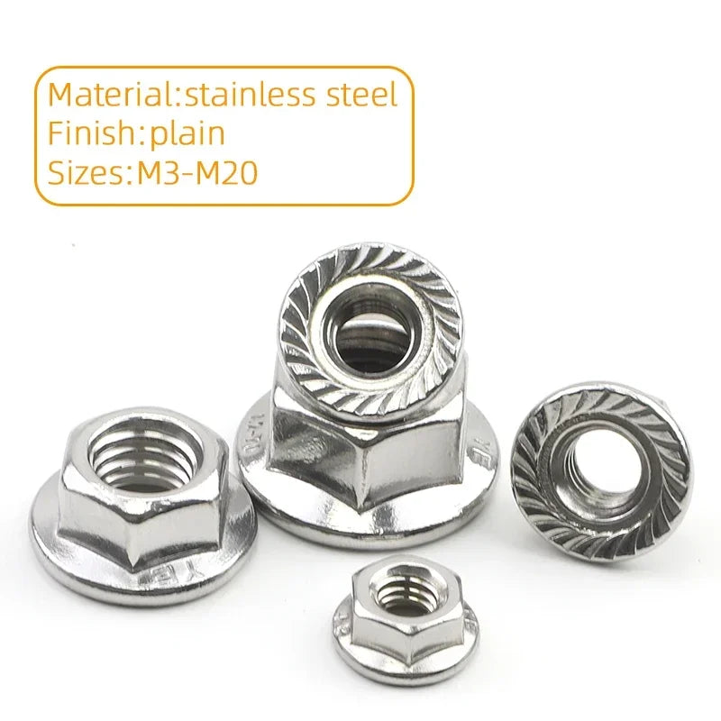 JUIDINTO 1-50pcs Hex Flange Nut M3 M4 M5 M6 M8 M10 M12 Stainless Steel/Carbon Steel Serrated Flange Lock Nut for Automobiles