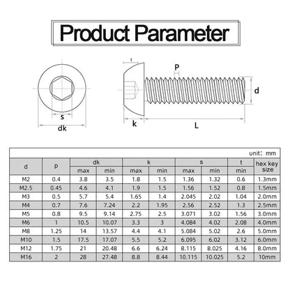 JUIDINTO 1-50pcs Allen Round Screw Bolt 12.9 Grade M2 M2.5 M3 M4 M5  M6 M8 M10 Hex Hexagon Socket Button Head Screw for MTB