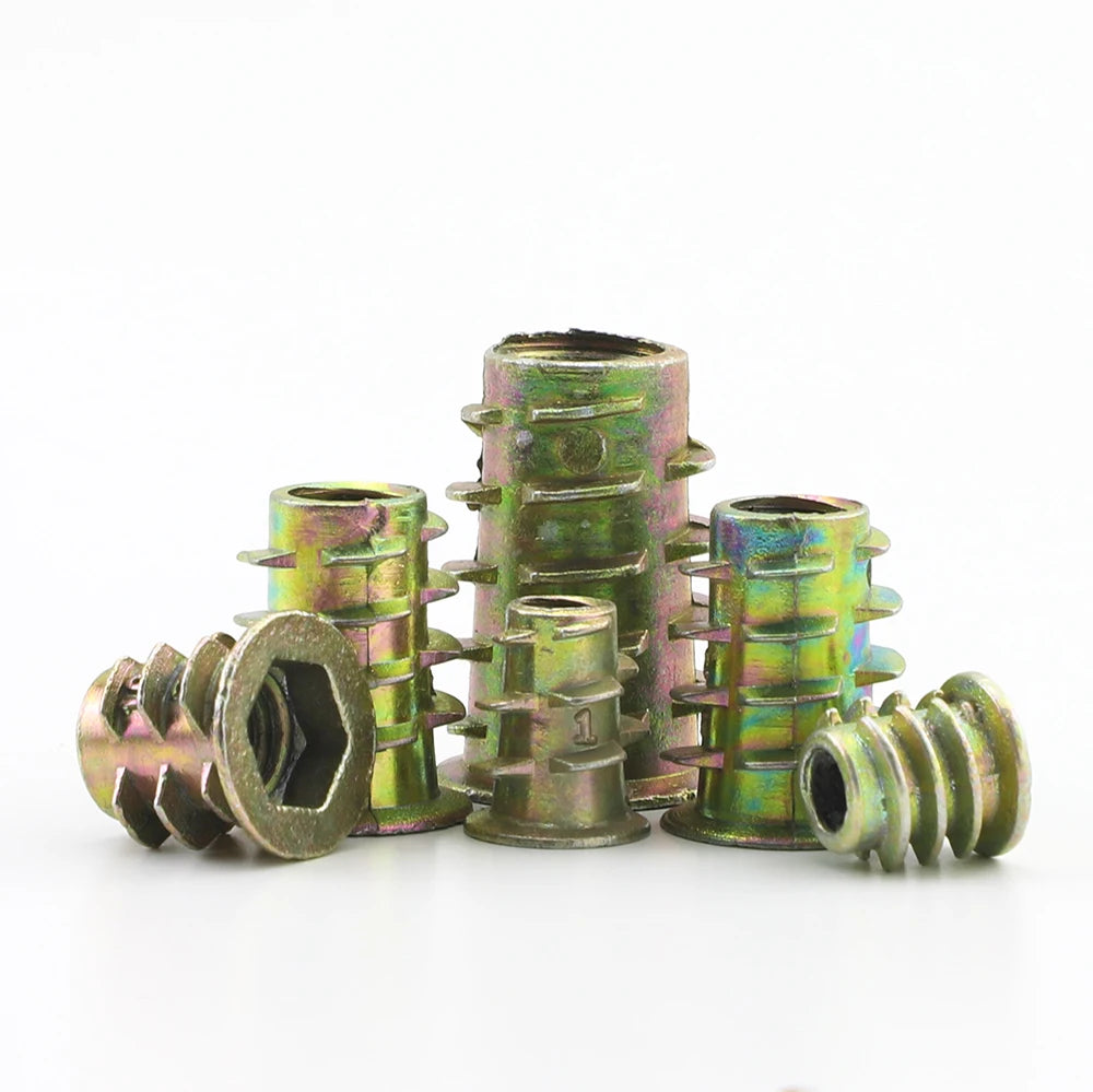 JUIDINTO 10/20/30pcs Thread Insert Nut for Wood Yellow Zinc M4 M5 M6 M8 M10 Flanged Hex Drive Head Furniture Nuts Connector