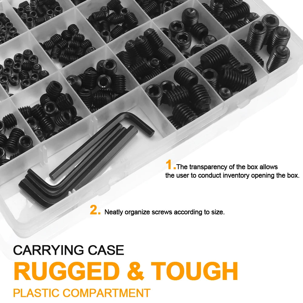 407pcs/set Hexagon Socket Cup Point Set Screw Assortment Kit 12.9 Carbon Steel M5 M6 M8 M10 Allen Headless Grub Screw Kit