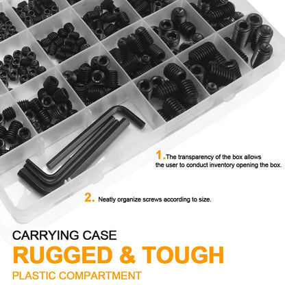 407pcs/set Hexagon Socket Cup Point Set Screw Assortment Kit 12.9 Carbon Steel M5 M6 M8 M10 Allen Headless Grub Screw Kit