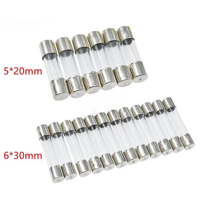 10Pcs 5x20mm 6x30mm Glass Tube Fuse Kit 250V 0.1A 0.2A 0.5A 0.8A 1A 2A 2.5A 3A 4A 5A 6.3A 7A 8A 10A 12A 15A 20A 30A AMP Circuit Fast Blow Fuses