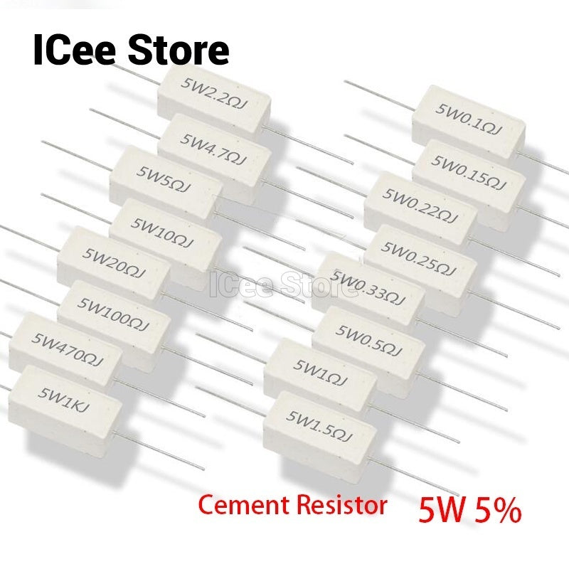 5Pcs 5W Cement Resistor SQP Power Resistor 5% 0.1R-100R 0.1R 0.22R 0.5R 1R 2.2R 4.7R 5R 10R 15R 20R 22R 47R 100R Ohm