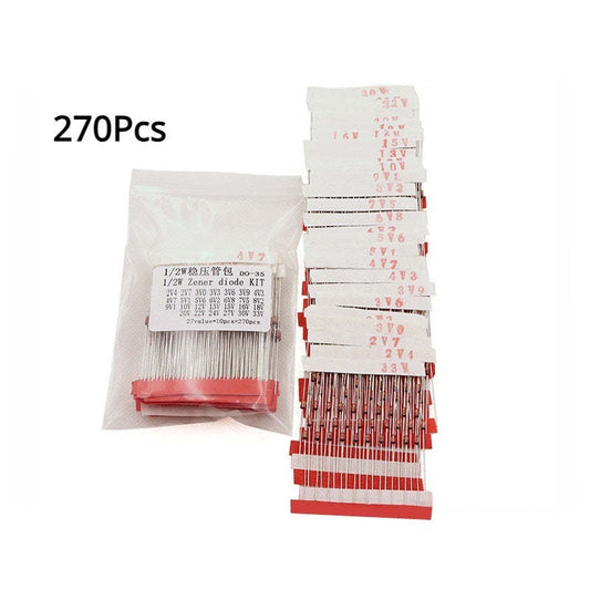 270Pcs 27 Values*10pcs 1/2W 0.5W Zener Diode Assorted Kit  2V4 To 33V 12V 18V 5V1 5V6 3V3 3V6 4V3 4V7 6V2 6V8