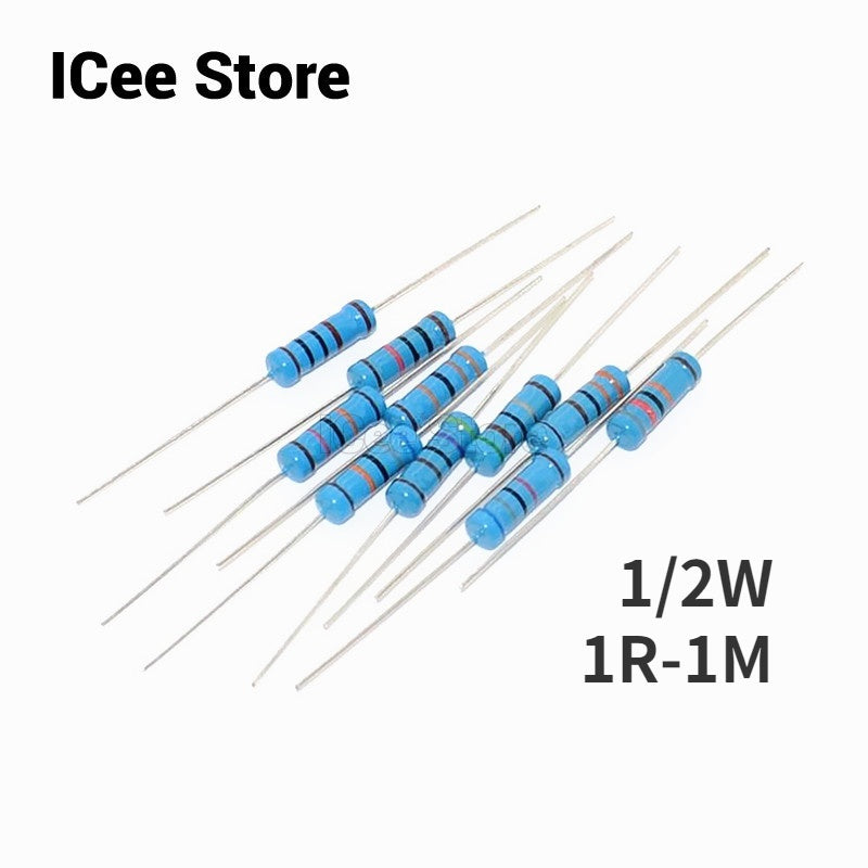 50Pcs 1/2W Metal Film Resistor 1% 1R-1M 1R 10R 100R 1K 4.7K 10K 1M Ohm Resistance