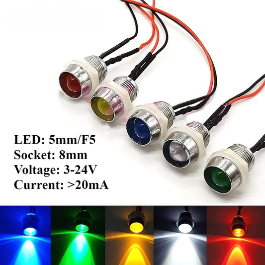 5Pcs 5mm LED with Wire Socket Pre-Wired LEDs Bulb 5V 12V 24V Emitting LED Diode with 20cm Wire Signal Indicator Lights 8mm Panel Mount