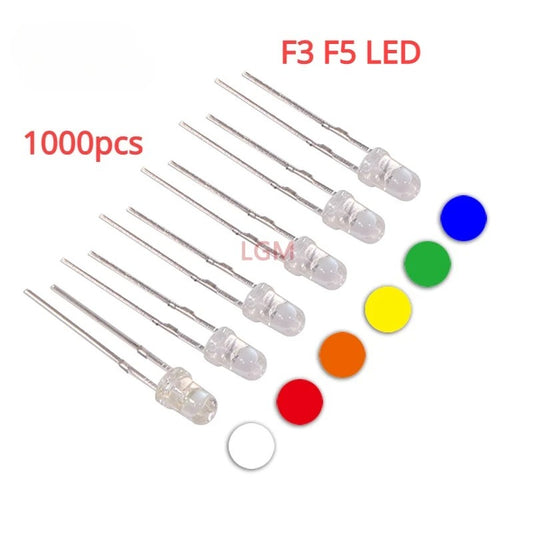 1000Pcs F3 F5 LED Led Diode Kit Transparent Round 5mm Super Bright Water Clear Green Red White Yellow Blue Light LED Bulbs Emitting Diode