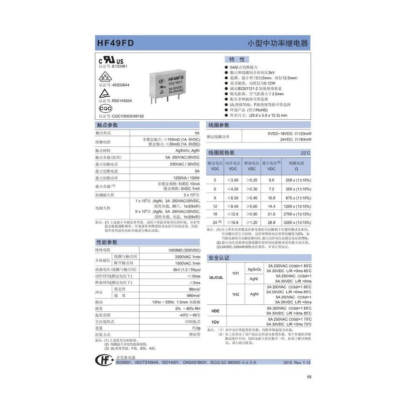 Power Relay HF49FD HF49FD-005-1H12 HF49FD-012-1H12 HF49FD-024-1H12 DC 5V 12V 24V 5A 4Pin Relais Feet Distance 7.62mm