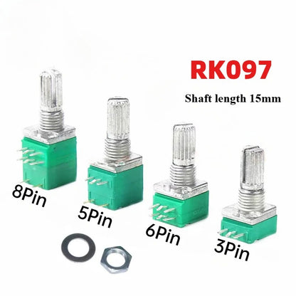 5PCS Industrial Switch RV097G RK097N Audio switch 3/5/6/8 pin B5K/B10K/B20K/B50K/B100K/B500K amplifier sealing potentiometer Shaft length 15mm