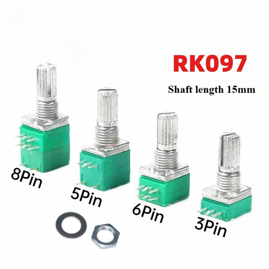 5PCS Industrial Switch RV097G RK097N Audio switch 3/5/6/8 pin B5K/B10K/B20K/B50K/B100K/B500K amplifier sealing potentiometer Shaft length 15mm