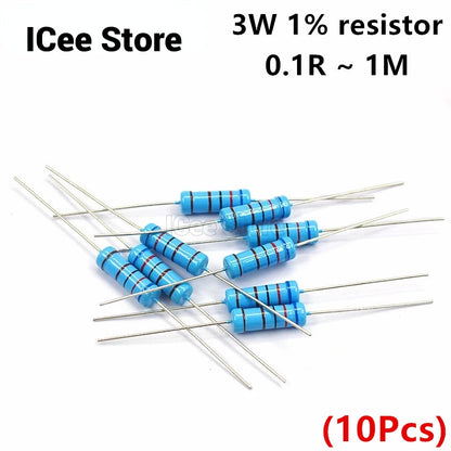 10Pcs 3W Metal Film Resistors 1% 10R 1K 10K 100K 1M 4.7K 5.1K