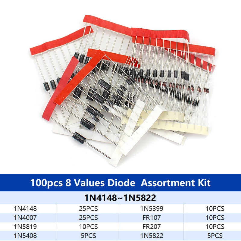 100Pcs/lot Fast Switching Schottky Diode Set Assorted Kit 8 Values1N4148 1N4007 1N5819 1N5399 1N5408 1N5822 FR107 FR207 Electronic Components