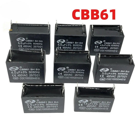CBB61 Air Conditioner Fan Start Capacitor 450V 1UF/1.5UF/2UF/3UF/4UF/5UF/6UF/8UF/10UF/12UF 2 pin start capacitor Fan Capacitor