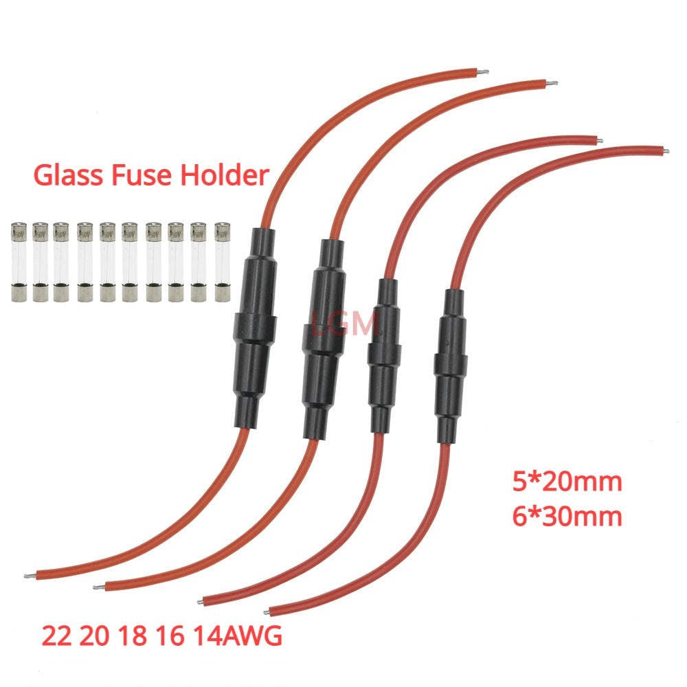 5Pcs 5*20mm 6*30mm Glass Fuse Holder Screw Type 5X20mm with 22 20 18 16 14AWG Wire Cable 250V 5X20MM Glass Fuse Tube Fuse Casing