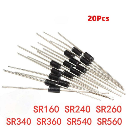 20Pcs Schottky Diodes ‌SR160, SR240, SR260, SR360, SR540, SR560 1A, 2A, 3A, 5A Low-Voltage Drop Rectifiers