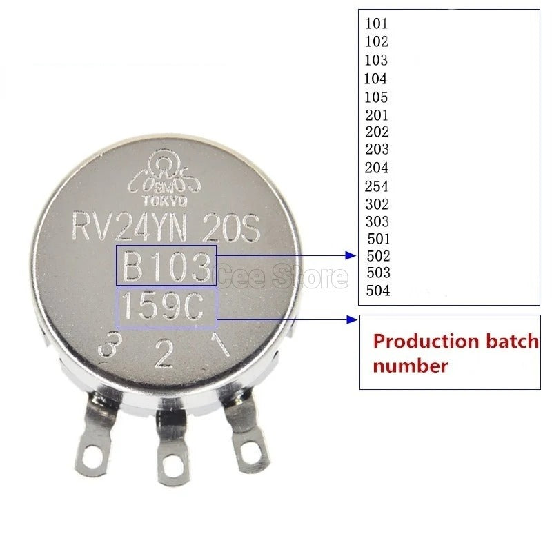 Potentiometer RV24YN20S B102 B202 B502 B103 B203 B503 B104 Ohm 1K 10K 20K 50K 100K 500K Ohm Potentiometer Adjustable Resistor