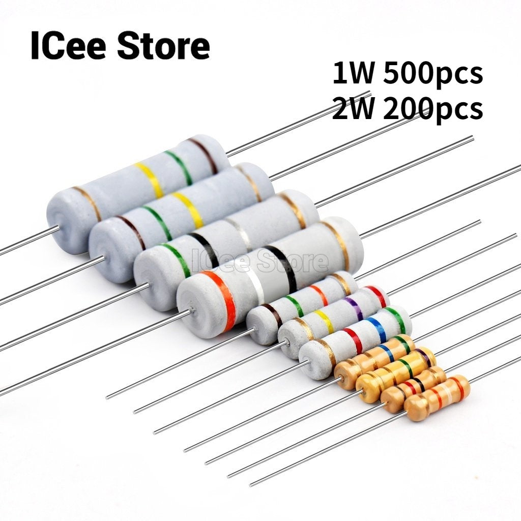 500Pcs Carbon Film Resistor 1W 2W 5% 1R-1M 1R 10R 22R 47R 51R 100R 1K 2K 4.7K 10K 22K 47K 100K