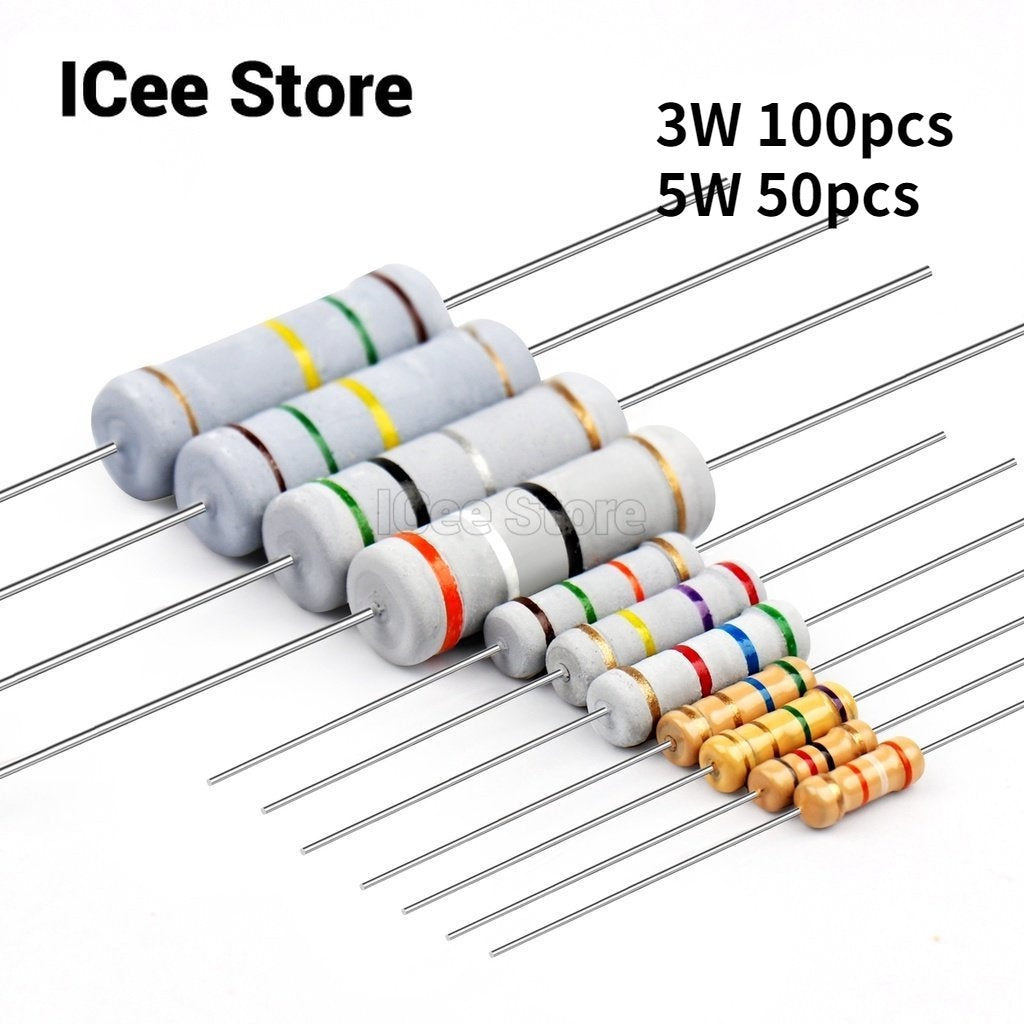100Pcs Carbon Film Resistor 3W 5W 5% 1R-1M 1R 10R 22R 47R 51R 100R 1K 2K 4.7K 10K 22K 47K 100K