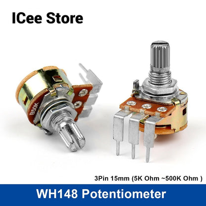 5Pcs WH148 Potentiometer 3Pin 15mm Shaft B5K B10K B50K B100K B500K with Switch Amplifier Dual Stereo Potentiometer