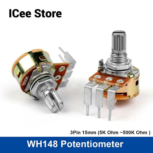 5Pcs WH148 Potentiometer 3Pin 15mm Shaft B5K B10K B50K B100K B500K with Switch Amplifier Dual Stereo Potentiometer