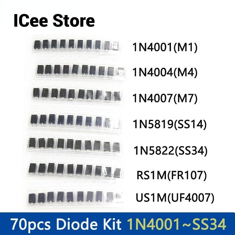 70Pcs SMD Diodes Set 1N4007 M7 1N4001 M1 1N4004 M4 SS14 US1M RS1M SS34 7 Values*10pcs Electronic Kit Schottky Diode Set Pack