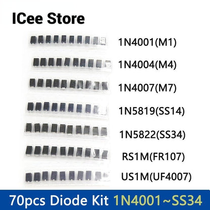 70Pcs SMD Diodes Set 1N4007 M7 1N4001 M1 1N4004 M4 SS14 US1M RS1M SS34 7 Values*10pcs Electronic Kit Schottky Diode Set Pack