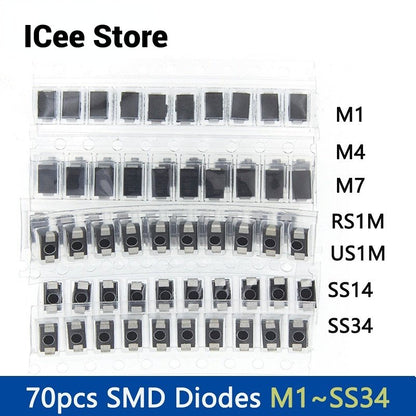 70Pcs SMD Diodes Set 1N4007 M7 1N4001 M1 1N4004 M4 SS14 US1M RS1M SS34 7 Values*10pcs Electronic Kit Schottky Diode Set Pack
