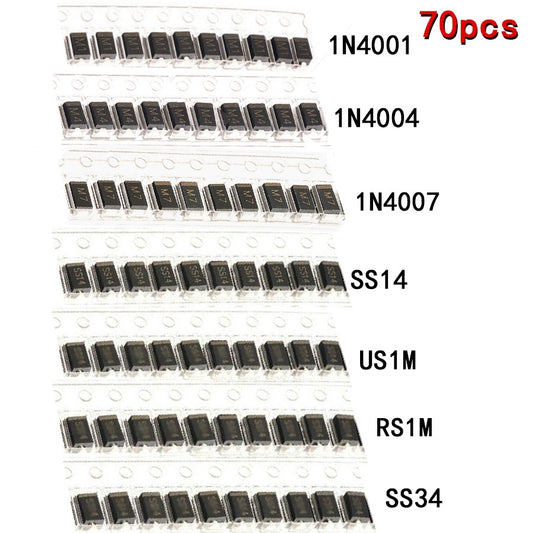 70Pcs SMD Diodes Set 1N4007 M7 1N4001 M1 1N4004 M4 SS14 US1M RS1M SS34 7 Values*10pcs Electronic Kit Schottky Diode Set Pack