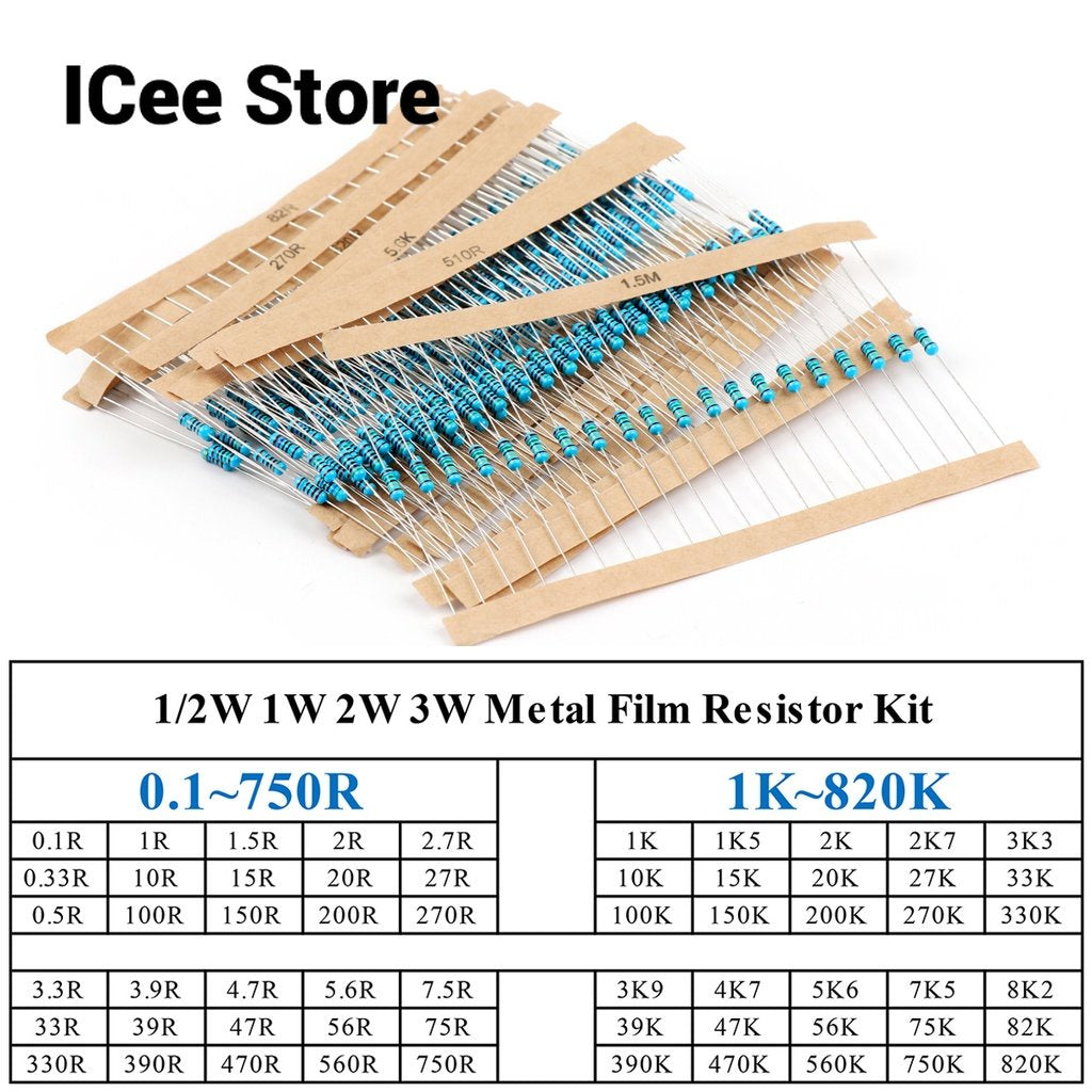 1/2W 1/4W 1W 2W 3W 30Value Metal Film Resistor Kit Rang Carbon 5% Resistors Assortment Kit Set 0.1~750R 1K~820K