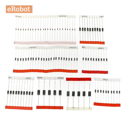 100pcs 8 Values Fast Switching Schottky Diode Assorted Kit 1N4148 1N4007 1N5819 1N5399 1N5408 1N5822 FR107 FR207