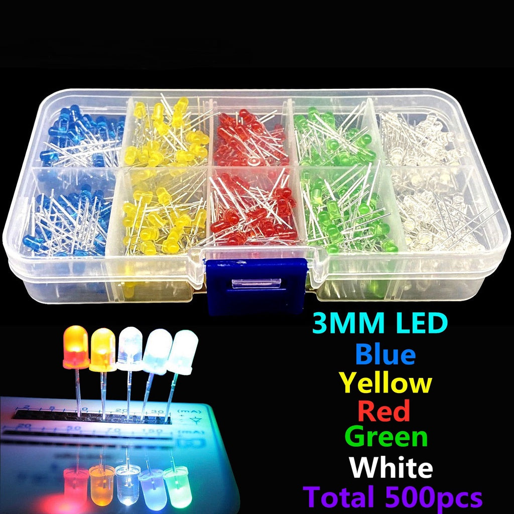 500pcs/Box 3MM LED Light Emitting Diode Beads Resistance Lights Kits Bulb Lamp 5 Colors Red White Yellow Green Blue Kit
