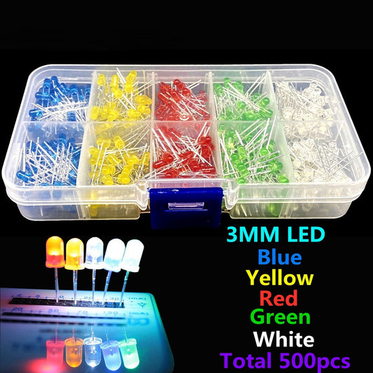 500pcs/Box 3MM LED Light Emitting Diode Beads Resistance Lights Kits Bulb Lamp 5 Colors Red White Yellow Green Blue Kit